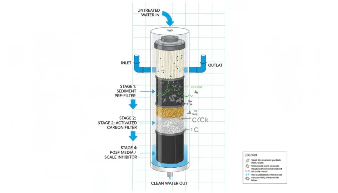 Multi-stage filtration process diagram of a whole-house water filter.
