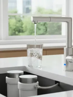 Modern kitchen with clear filtered water flowing from faucet, under-sink filter visible.