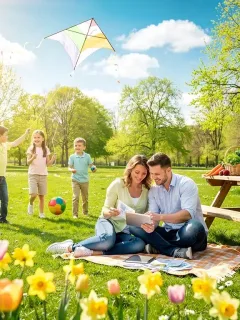 Spring savings guide with fresh produce and family enjoying outdoors