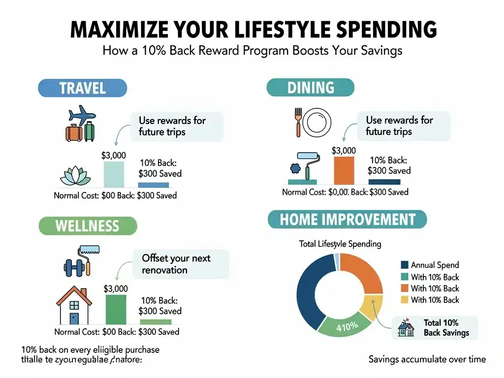 Infographic detailing 10% cash back categories for lifestyle spending, illustrating financial benefits.