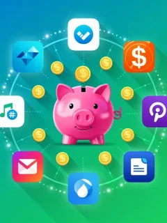 Digital apps surrounding a piggy bank, symbolizing significant lifestyle savings.
