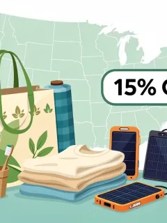 Illustration of sustainable lifestyle products with 15% off tag in the US.