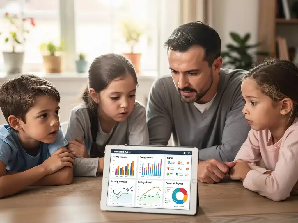 Family reviewing household budget with financial data on tablet