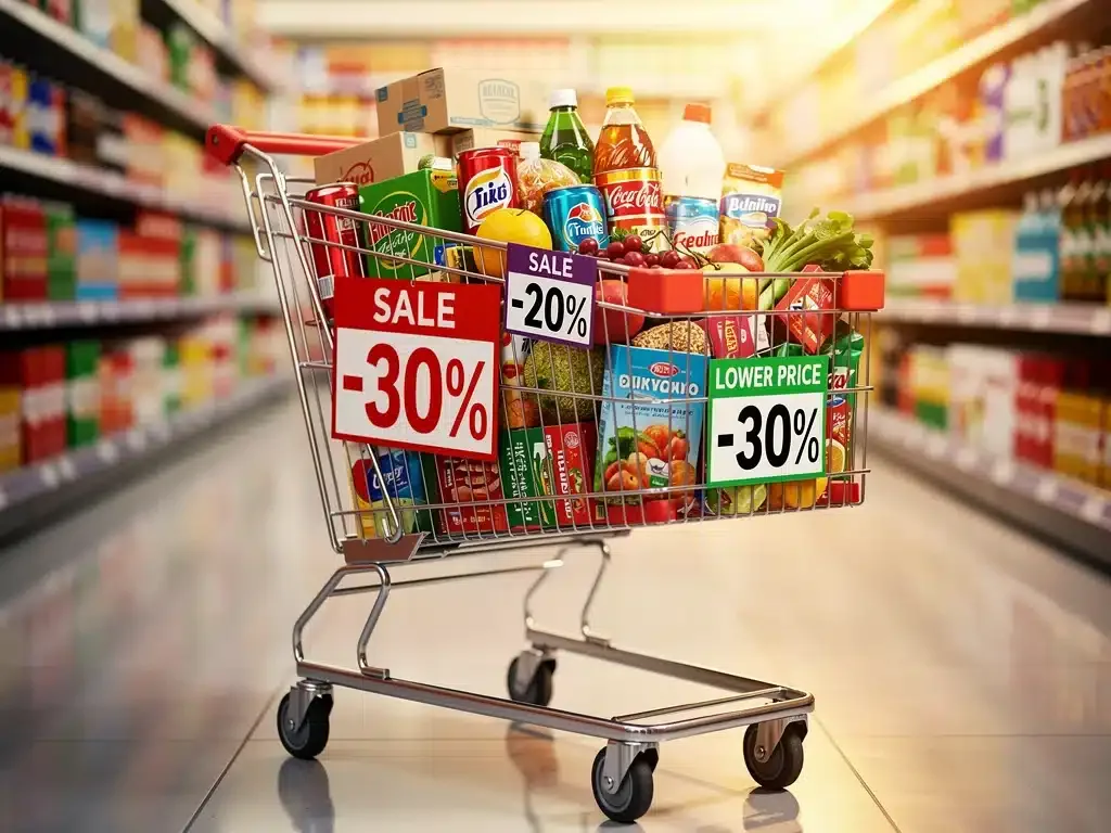 Shopping cart with reduced price groceries due to inflation dip