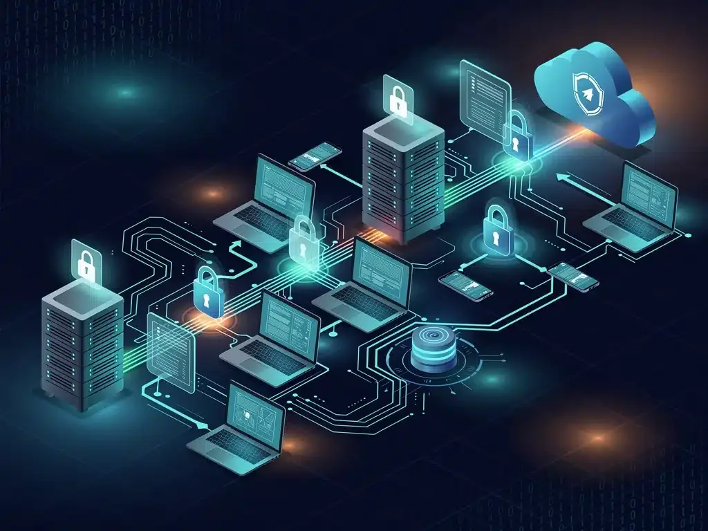 Encrypted data flow and secure network connections illustrating data protection
