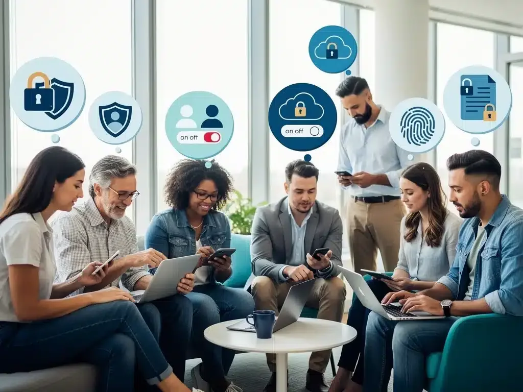 Diverse users interacting with devices, demonstrating personal data control