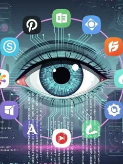 Stylized eye surrounded by tech logos representing data privacy changes. Tech Giants Privacy Policy