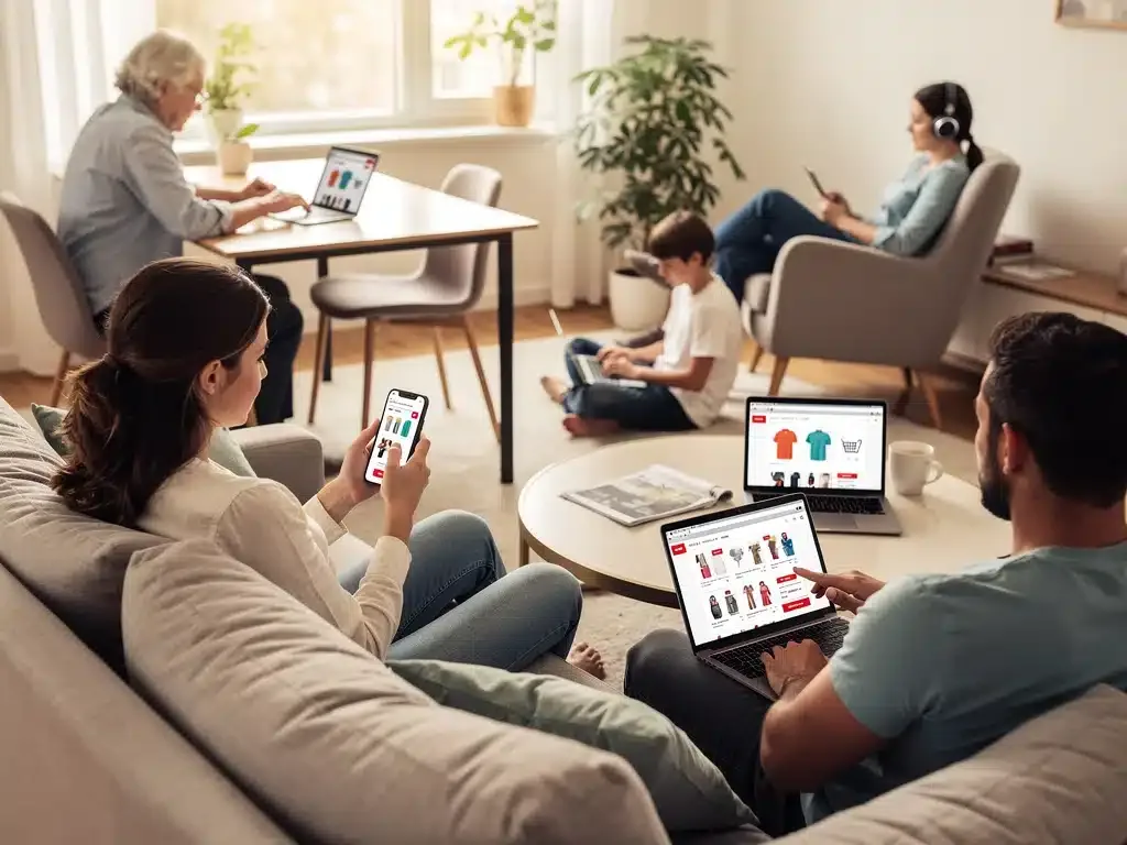 Consumers engaging in online shopping across multiple digital platforms, reflecting evolving retail trends