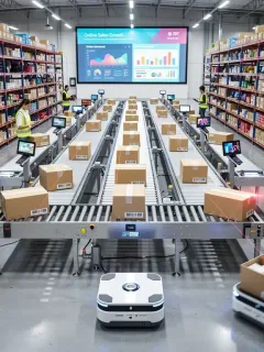 Automated e-commerce fulfillment center processing online orders, illustrating retail industry growth