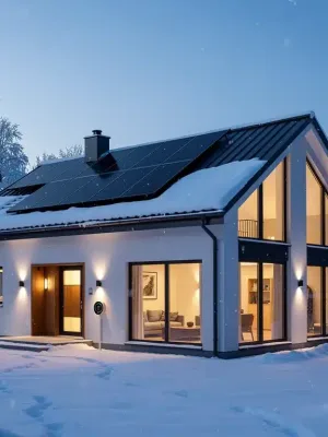 Modern home with solar panels and advanced insulation in winter, saving energy.