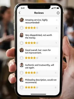 Smartphone displaying online reviews and star ratings, emphasizing authenticity and trust
