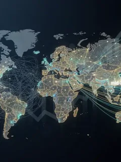 Global supply chain network stabilizing by mid-2026, showing improved flow and economic recovery.