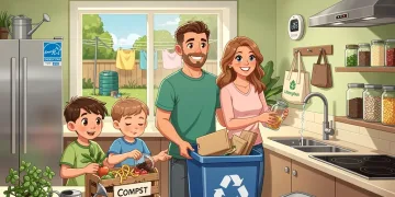 Family reducing household waste and utility bills