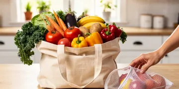 Reusable grocery bag with fresh produce, symbolizing sustainable living and budget-friendly shopping