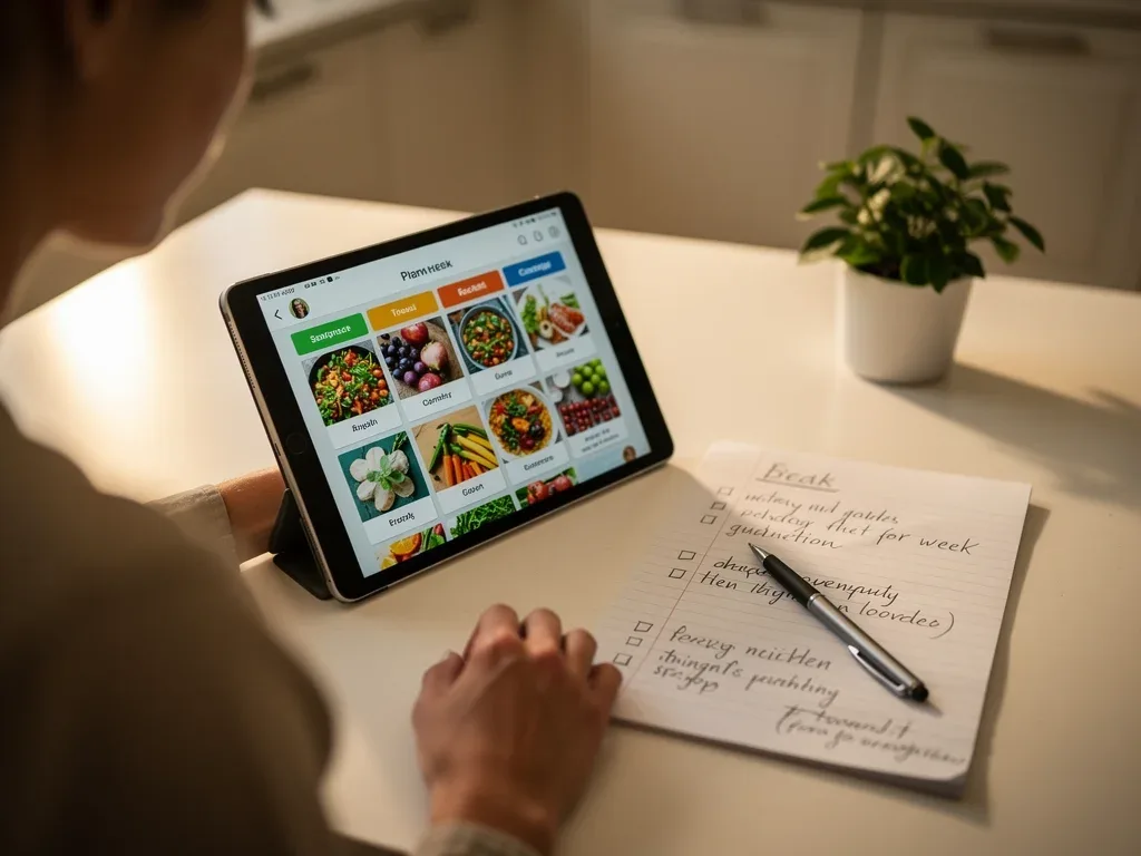 Meal planning on a tablet with a grocery list, promoting mindful consumption