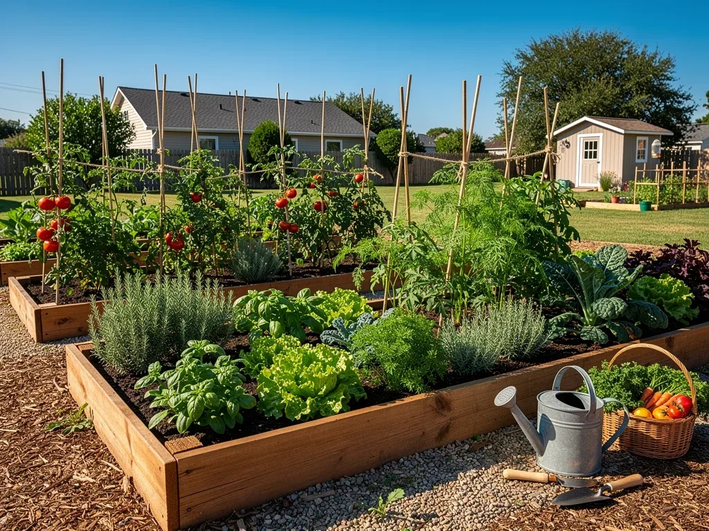 Home garden with herbs and vegetables, representing self-sufficiency and fresh food