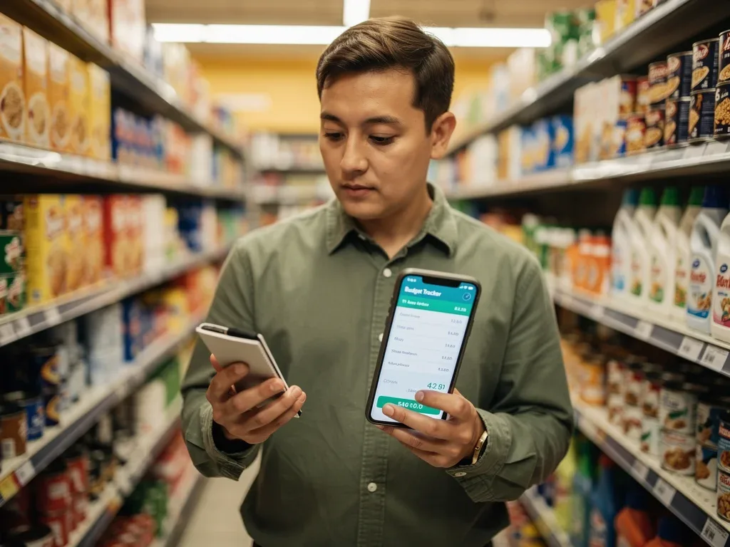 Mindful consumer contemplating purchase, budgeting app visible