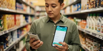 Mindful consumer contemplating purchase, budgeting app visible