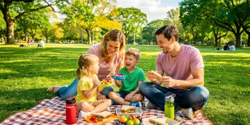 Family enjoying a frugal fun picnic in a park, saving money
