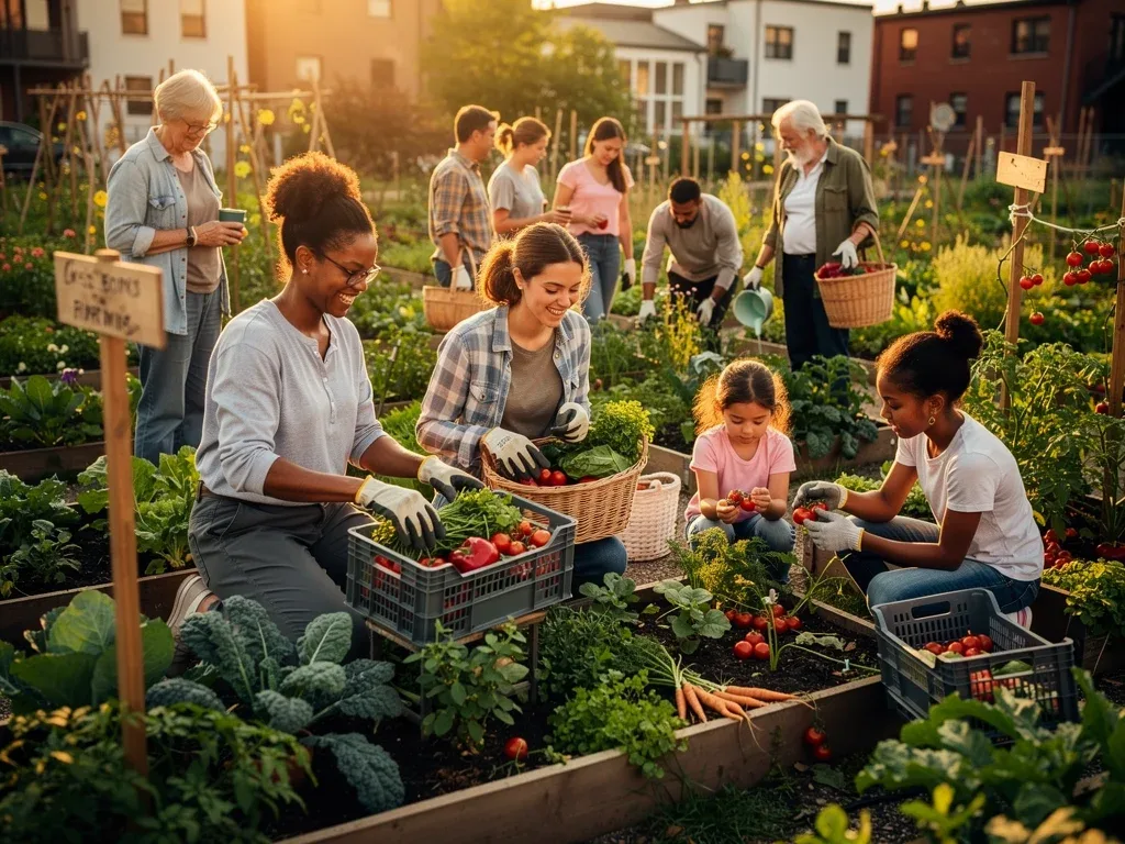 Community garden members harvesting fresh produce together