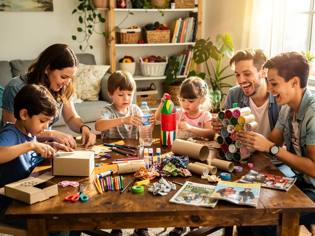 Family engaged in creative DIY craft project at home