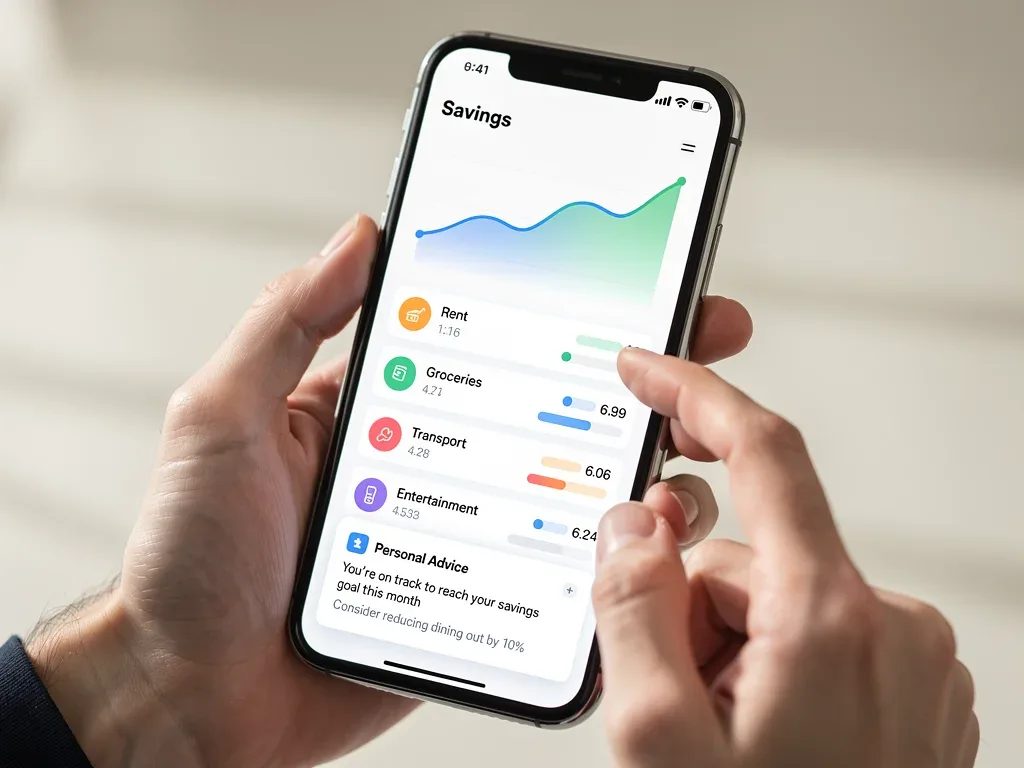 Detailed view of a user interacting with a budgeting app, showcasing personalized financial insights and expenditure tracking.