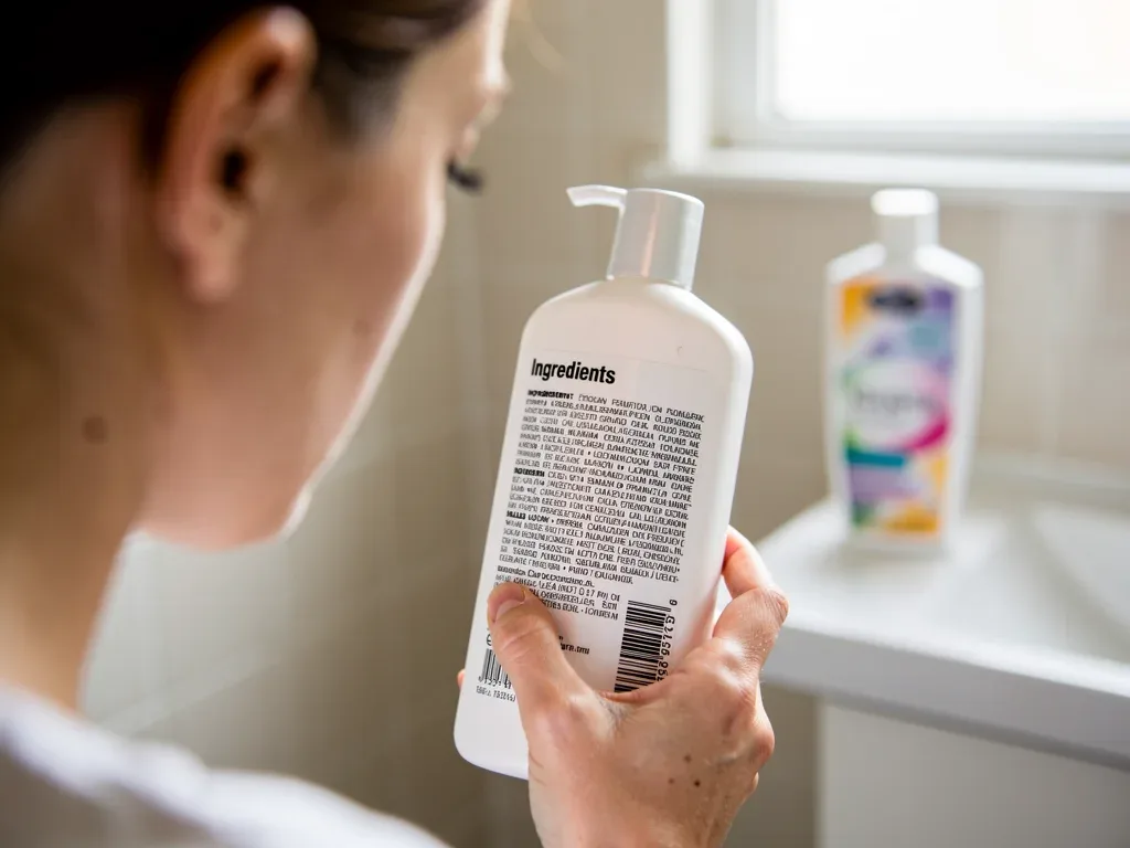 Person comparing generic and brand-name shampoo ingredients.