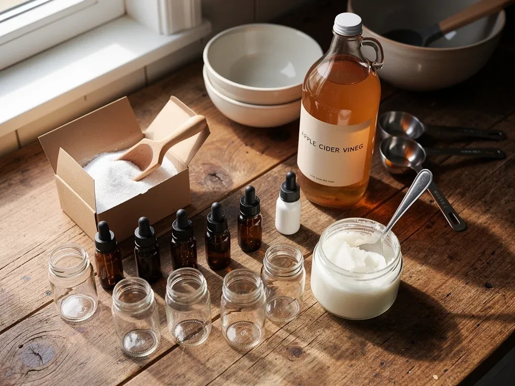 Ingredients for homemade personal care products on a counter.
