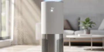 2026 dual-filter air purifier in a modern living room setting, emphasizing clean air