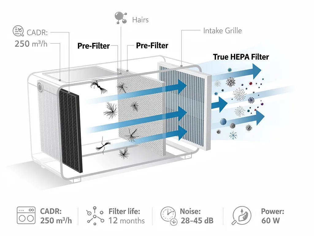 Diagram showing the internal dual-filtration system of an air purifier