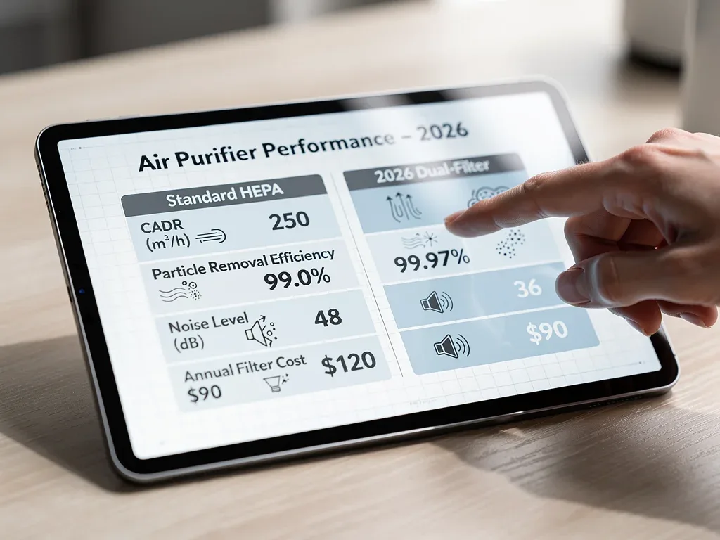 Comparison chart of standard vs. dual-filter air purifier performance metrics