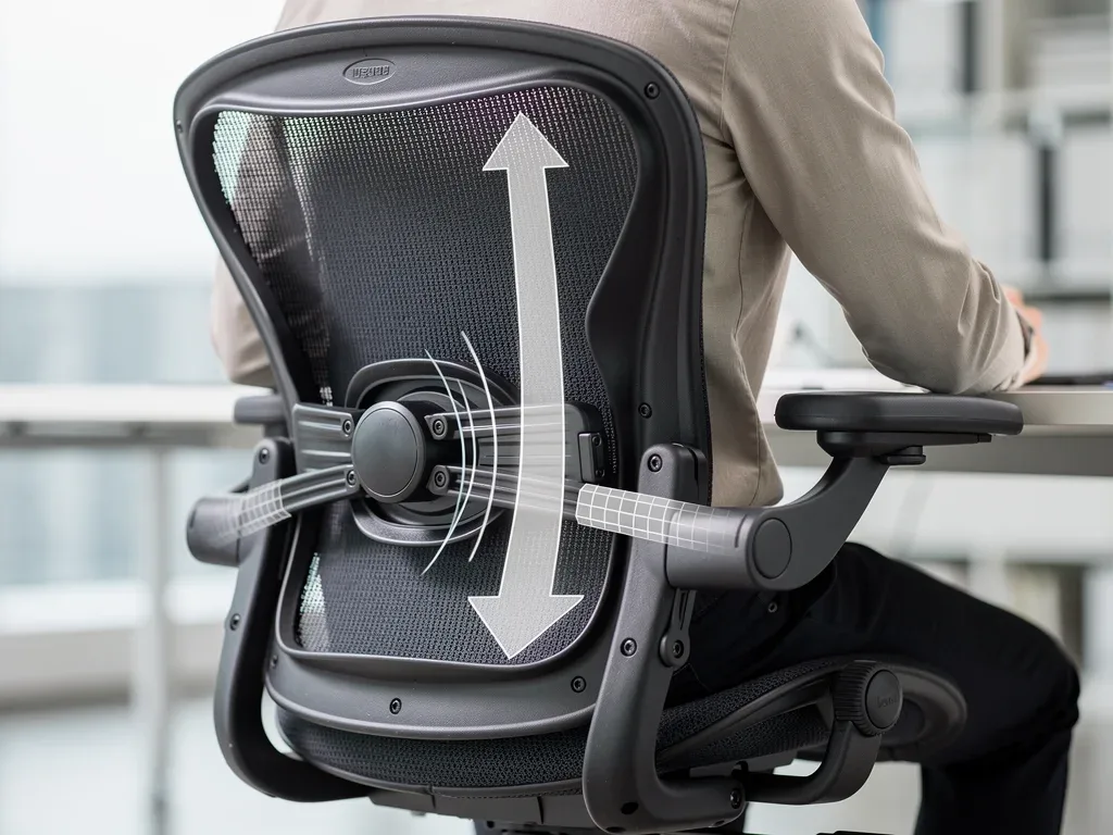 Detailed view of adjustable lumbar support on a modern ergonomic office chair.