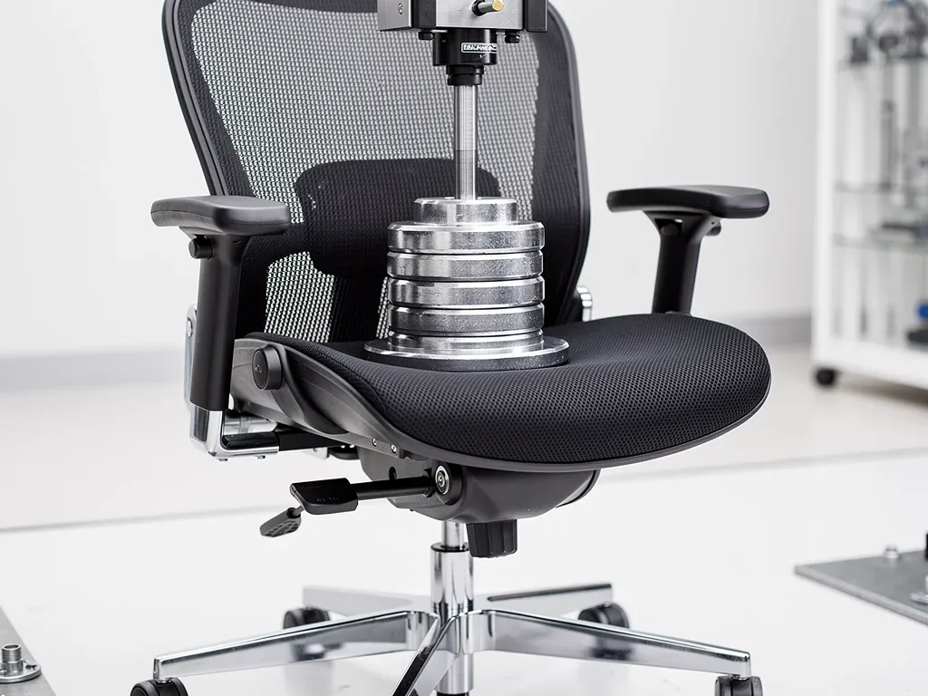 Ergonomic office chair undergoing a simulated durability test with applied weight.