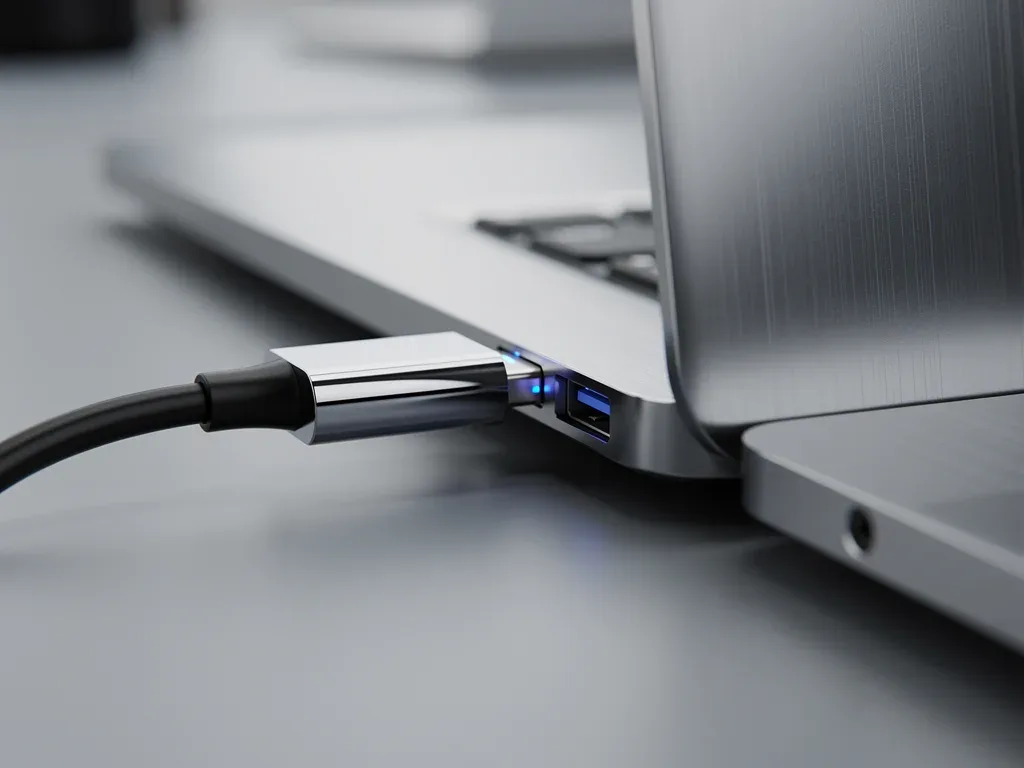 Laptop charging port with power adapter connected, highlighting efficient power delivery