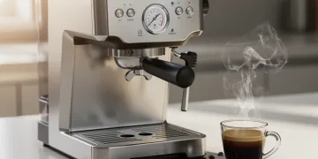 Modern 15-bar thermal block espresso machine brewing a perfect shot.