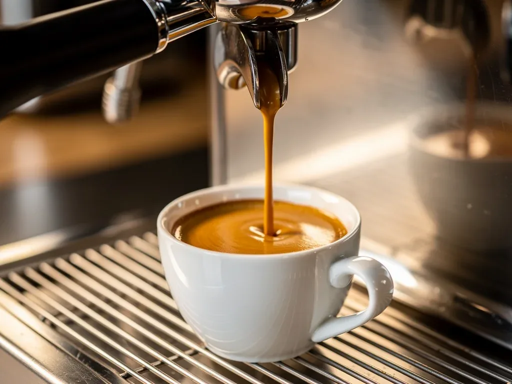 Perfect espresso shot with rich crema from a 15-bar thermal block machine.