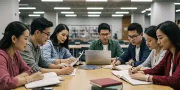 Diverse students collaborating on U.S. graduate school applications for 2025 admissions
