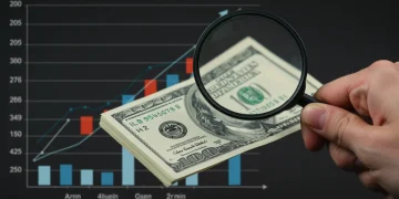 Hand with magnifying glass over cash, symbolizing high-yield savings growth