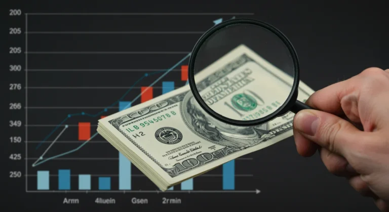 Hand with magnifying glass over cash, symbolizing high-yield savings growth