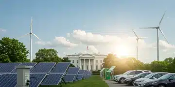 Illustration of green energy projects with solar panels, wind turbines, and the White House, symbolizing the new initiative.