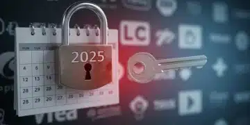 Digital lock and key over 2025 calendar, representing new free trial policy updates and consumer access to premium services.