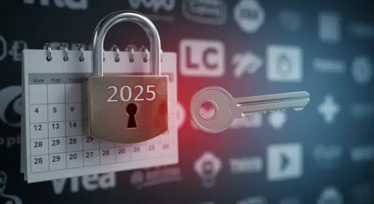 Digital lock and key over 2025 calendar, representing new free trial policy updates and consumer access to premium services.