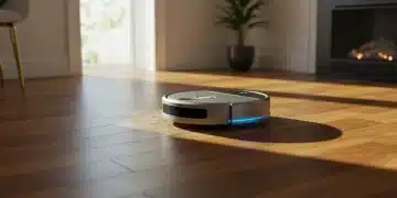 Futuristic 2025 robot vacuum cleaning a shiny hardwood floor