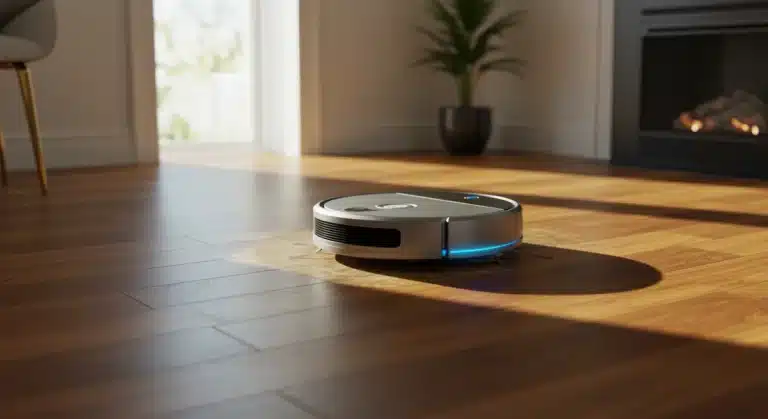 Futuristic 2025 robot vacuum cleaning a shiny hardwood floor