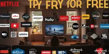 Collage of 30+ streaming service logos with a person enjoying TV, representing free trial opportunities.