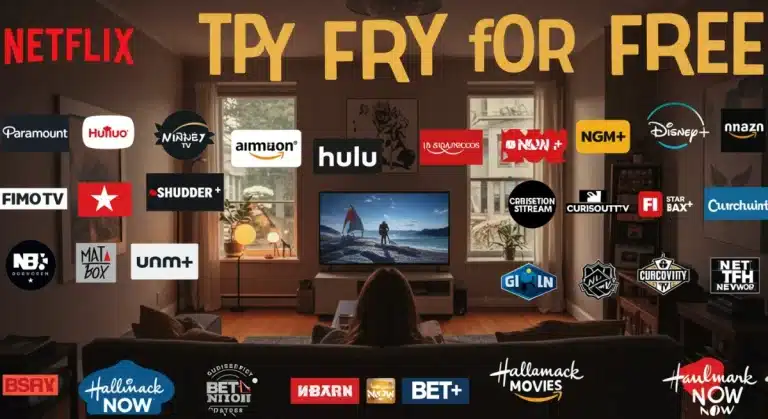 Collage of 30+ streaming service logos with a person enjoying TV, representing free trial opportunities.