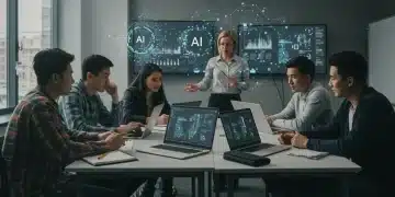 Students utilizing AI tools in a modern U.S. university classroom, preparing for future careers.