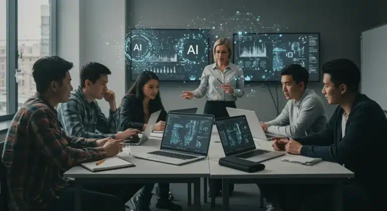 Students utilizing AI tools in a modern U.S. university classroom, preparing for future careers.