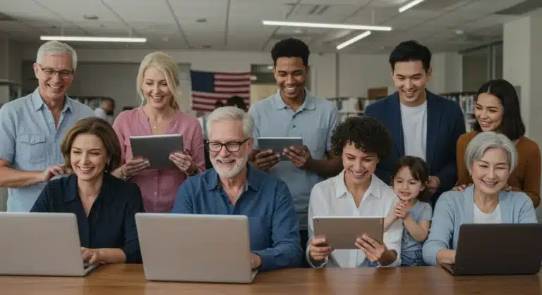 Diverse individuals accessing digital services on various devices, symbolizing government-backed free trials.