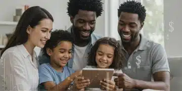 Child Tax Credit 2025: Maximize Your Family's Benefit Up to $1000 Family smiling, looking at a tablet, representing financial well-being from Child Tax Credit 2025